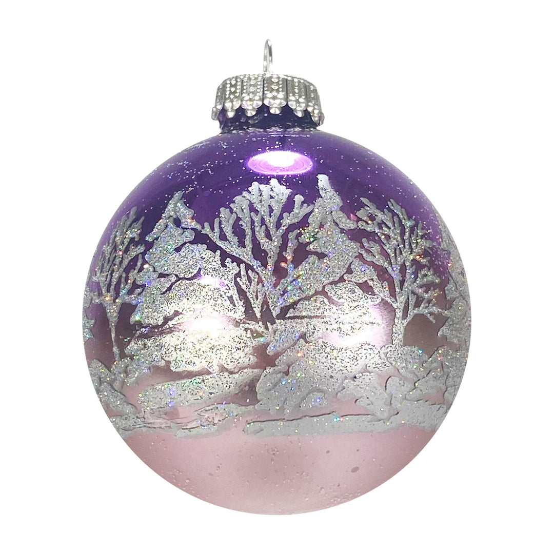 2 5/8" (67mm) Glass Ball Ornaments, Bi-Color Winter Lilac Shine / Smoke Gray Velvet - White Winter Forest Trees, 4/Box, 12/Case, 48 Pieces
