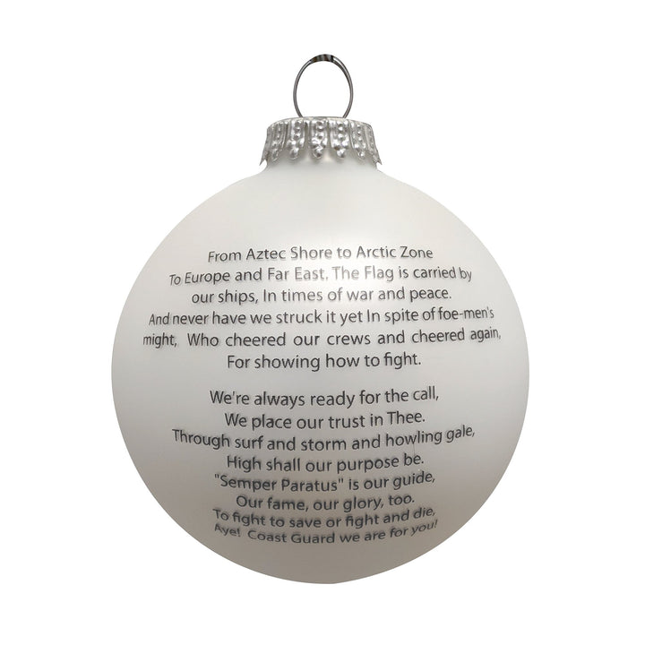 3 1/4" (80mm) Glass Ball Ornaments, White Satin - Silk Coast Guard Logo and Hymn, 1/Box, 12/Case, 12 Pieces