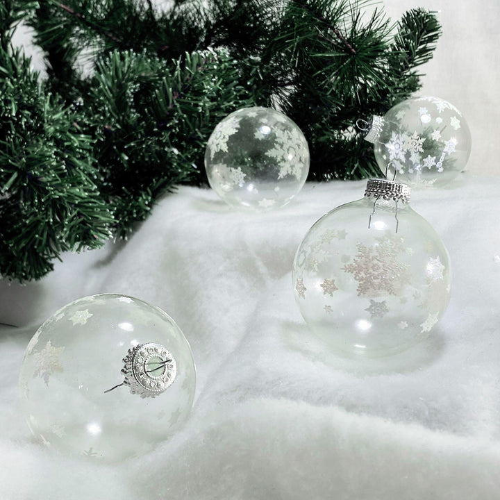 2 5/8" (67mm) Ball Ornaments Clear with White Big Snowflakes, 4/Box, 12/Case, 48 Pieces