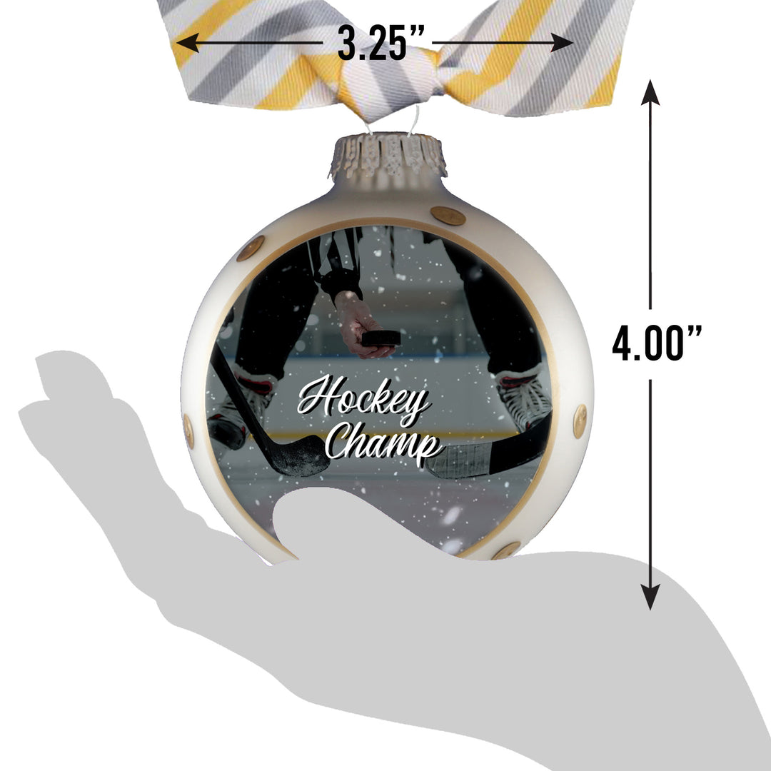 3 1/4" (80mm) Personalizable Hugs Specialty Gift Ornaments, Silver Pearl Ornament with Hockey Champ