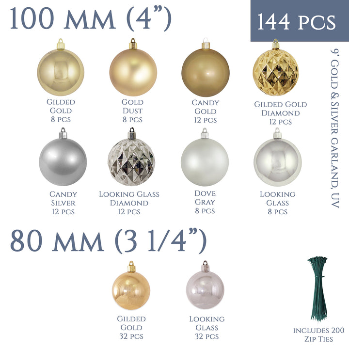 Christmas By Krebs Shatterproof 9 Ft. Garland Decorating Kits - ORNAMENTS ONLY - UV and Weather Resistant (Champagne Gold & Silver)