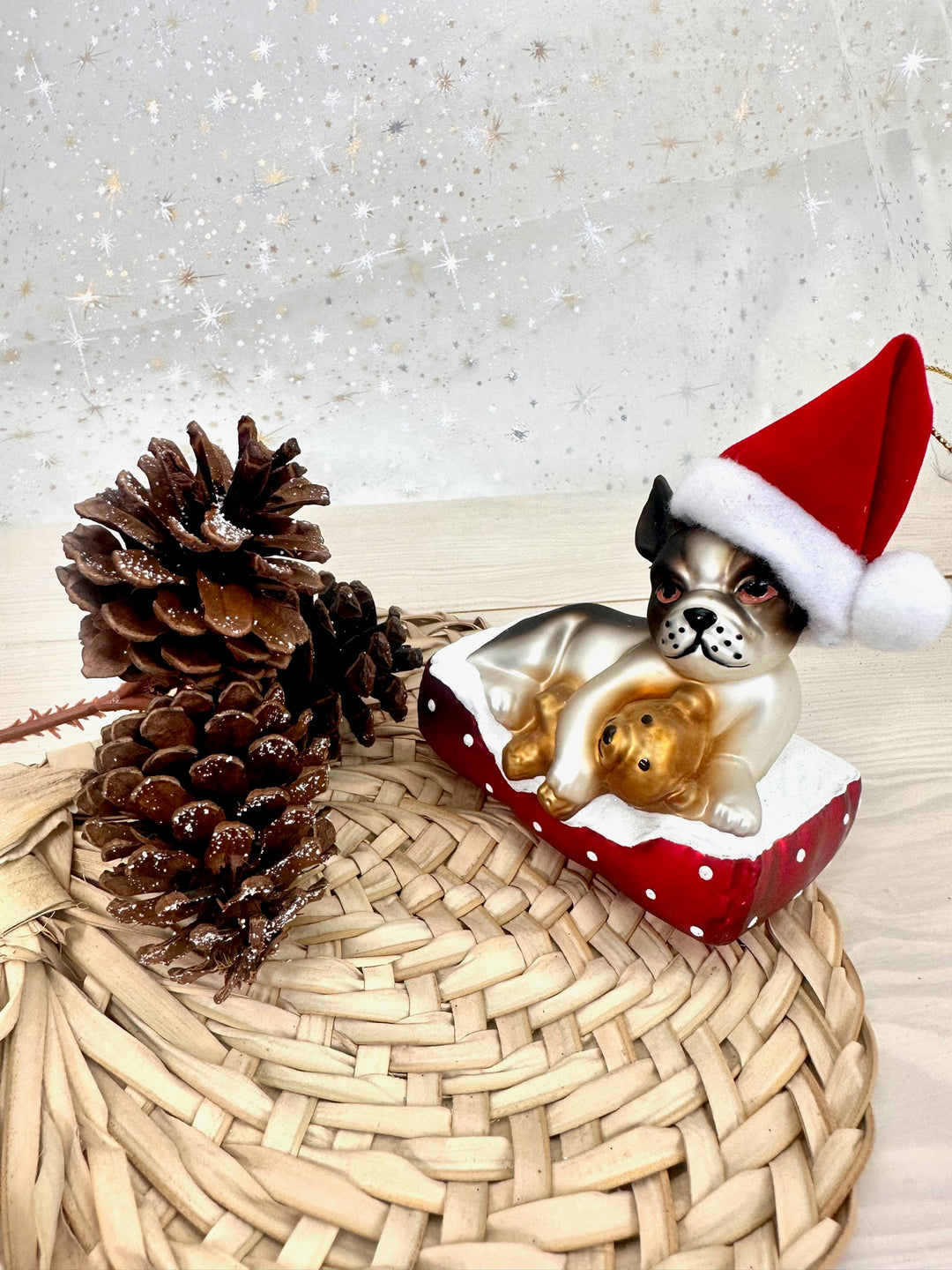 4" (100mm) Dog with Santa Hat and Teddy Bear Glass Figurine Ornaments, 1/Box, 6/Case, 6 Pieces
