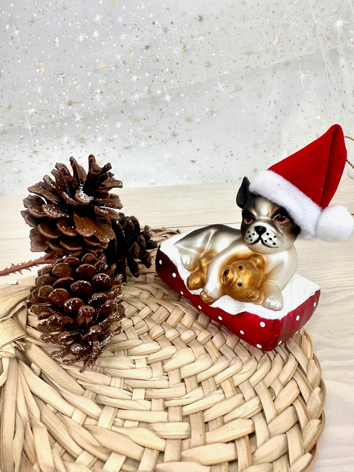 4" (100mm) Dog with Santa Hat and Teddy Bear Glass Figurine Ornaments, 1/Box, 6/Case, 6 Pieces