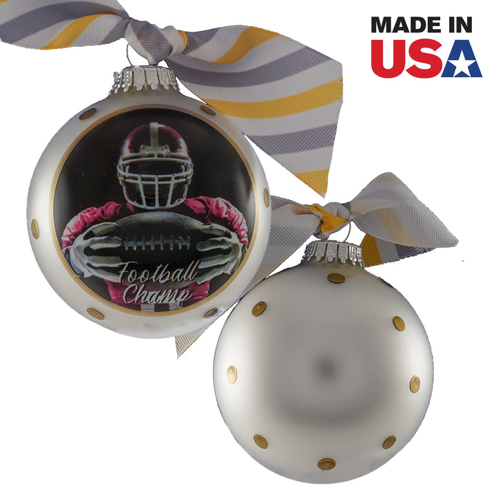 3 1/4" (80mm) Personalizable Hugs Specialty Gift Ornaments, Sterling Silver Glass Ball with Football Champ