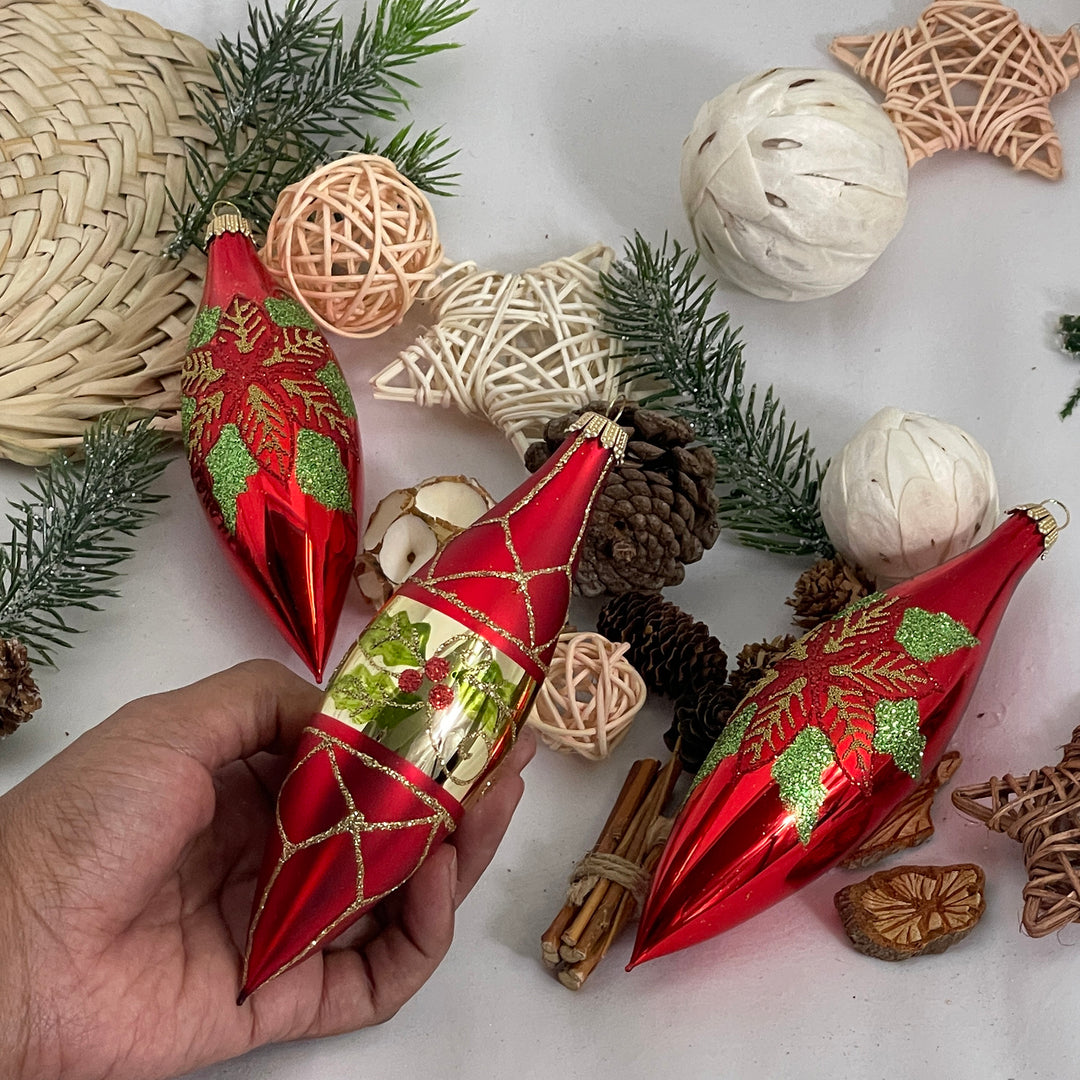 5.6" (15cm) Poinsettia & Berries Glass Finial, set of 3, Shinny & Matte Red,  Figurine Ornaments, 3/Box, 8/Case, 24 Pieces