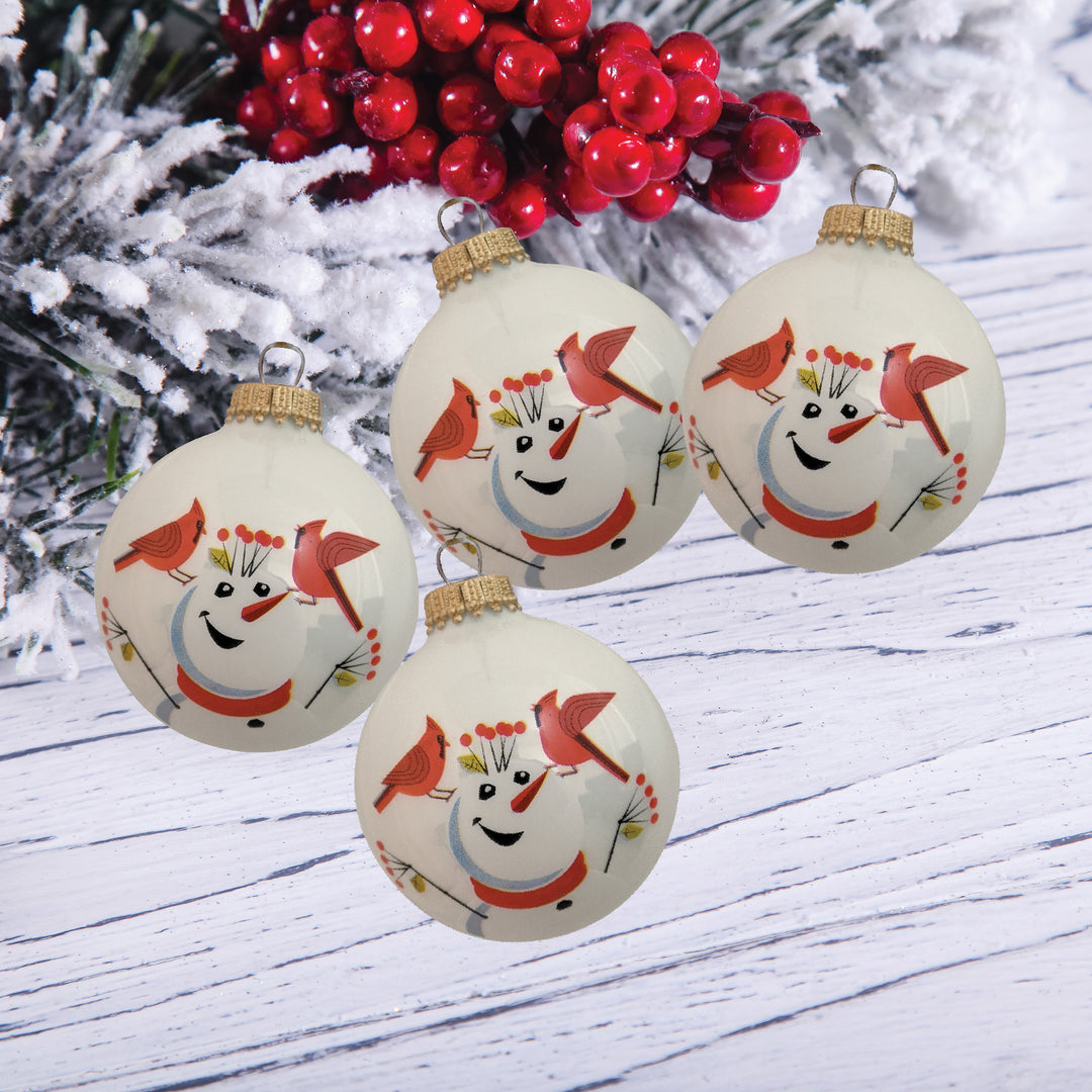 2 5/8" (67mm) Glass Ball Ornaments, Porcelain White - Snowman and Red Cardinals, 4/Box, 12/Case, 48 Pieces