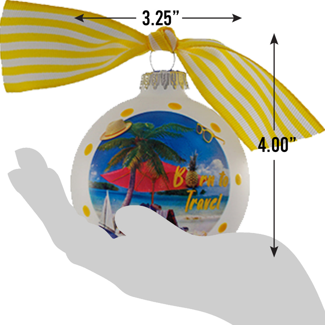3 1/4" (80mm) Hugs - Frost 3 1/4" (80mm) Glass Ball Ornament with Born to Travel Beach. 12 Pieces per Case