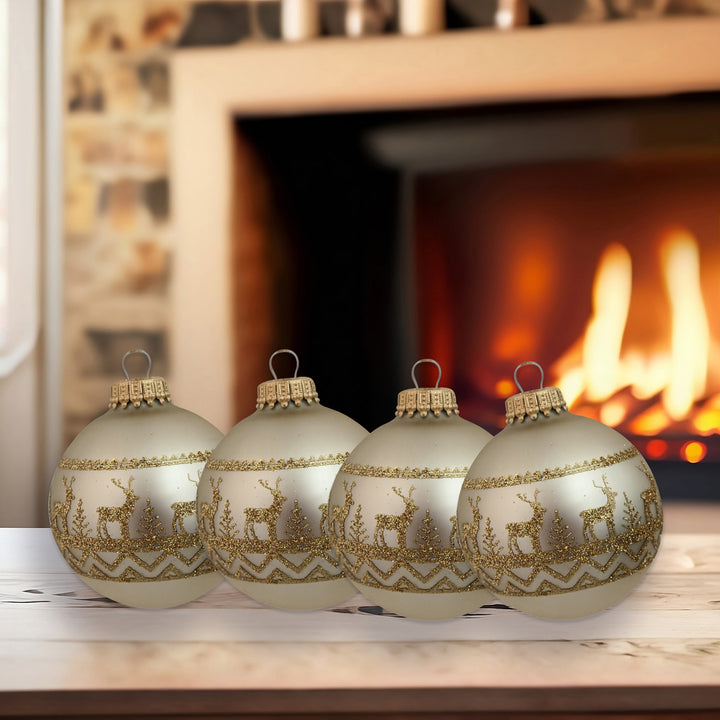 2 5/8" (67mm) Glass Ball Ornaments, Oyster Velvet - Gold Glitter Sweater Band, 4/Box, 12/Case, 48 Pieces