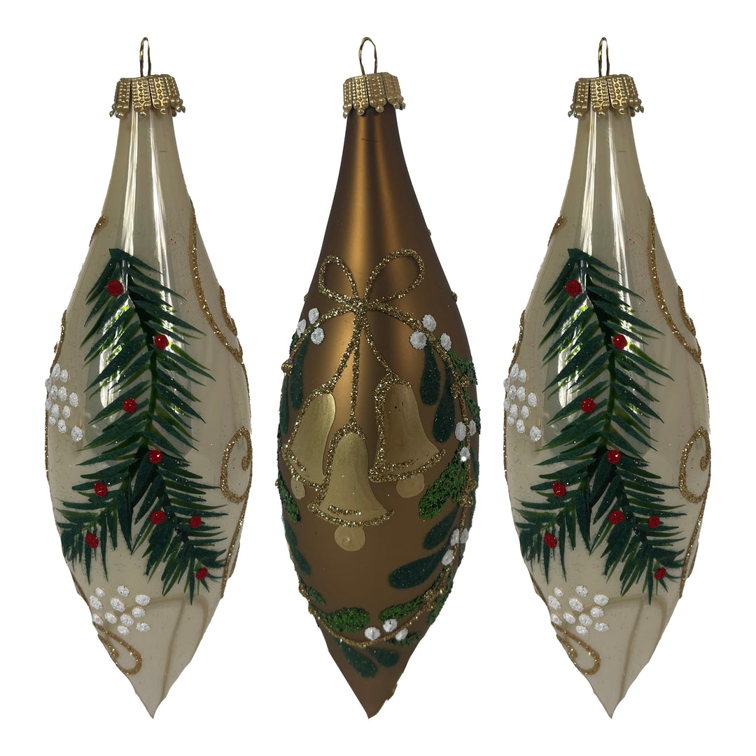 5.6" (15cm) Christmas Forest Glass Finial, set of 3, shiny Gold/ Brown matte,  Figurine Ornaments, 3/Box, 8/Case, 24 Pieces