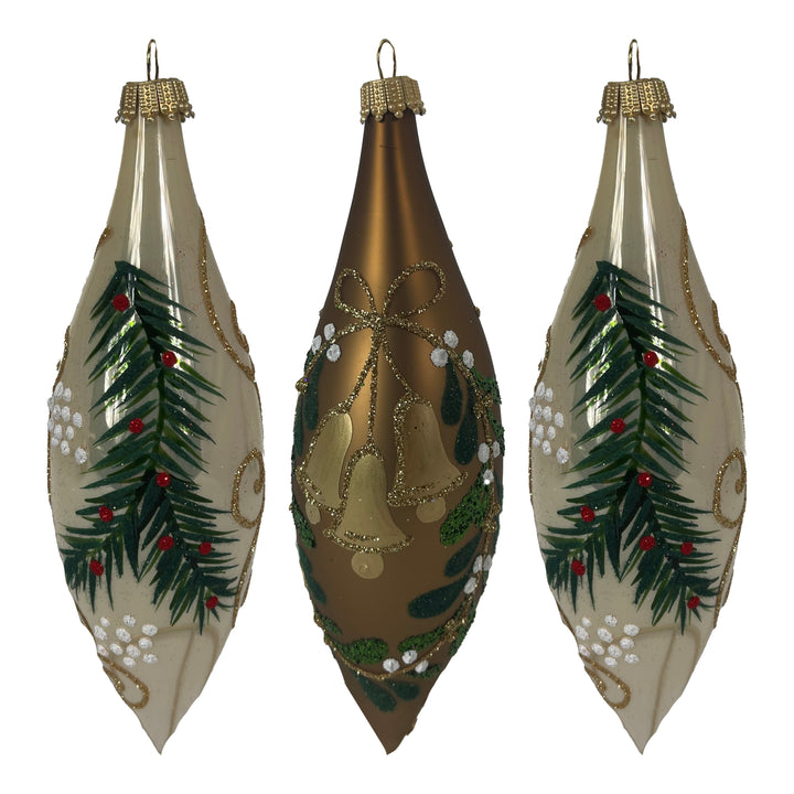 5.6" (15cm) Christmas Forest Glass Finial, set of 3, shiny Gold/ Brown matte,  Figurine Ornaments, 3/Box, 8/Case, 24 Pieces