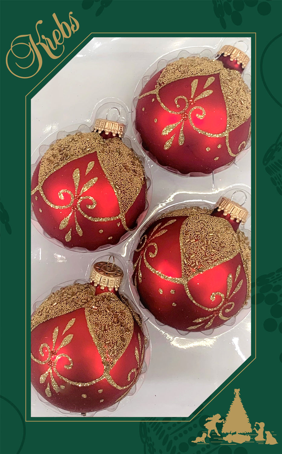 2 5/8" (67mm) Glass Ball Ornaments, Red Velvet - Gold Floral Drapes, 4/Box, 12/Case, 48 Pieces