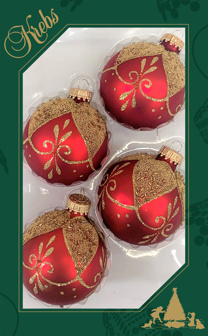 2 5/8" (67mm) Glass Ball Ornaments, Red Velvet - Gold Floral Drapes, 4/Box, 12/Case, 48 Pieces