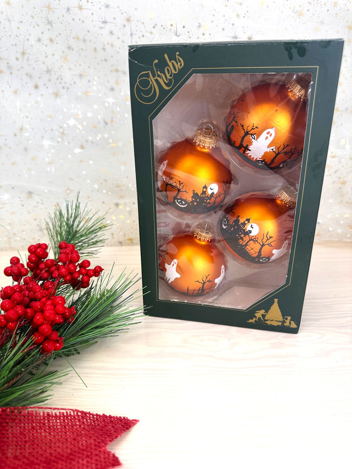 2 5/8" (67mm) Halloween Ball Ornaments Solid Wildfire Velvet with Graveyard Scenes 4/Box, 12/Case, 48 Pieces
