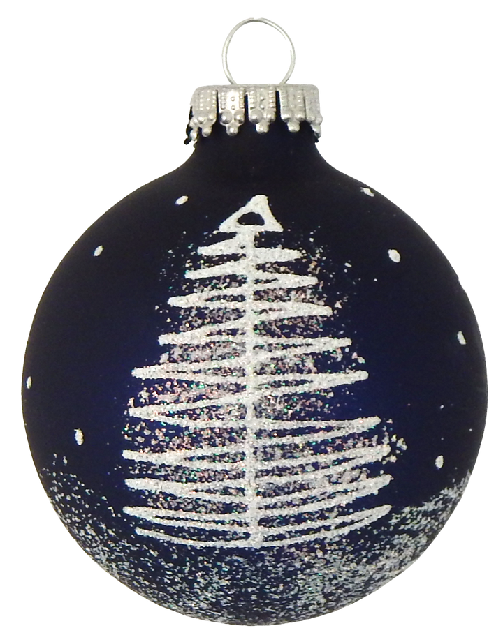 2 5/8" (67mm) Ball Ornaments Navy Velvet with White Scribble Tree, 4/Box, 12/Case, 48 Pieces