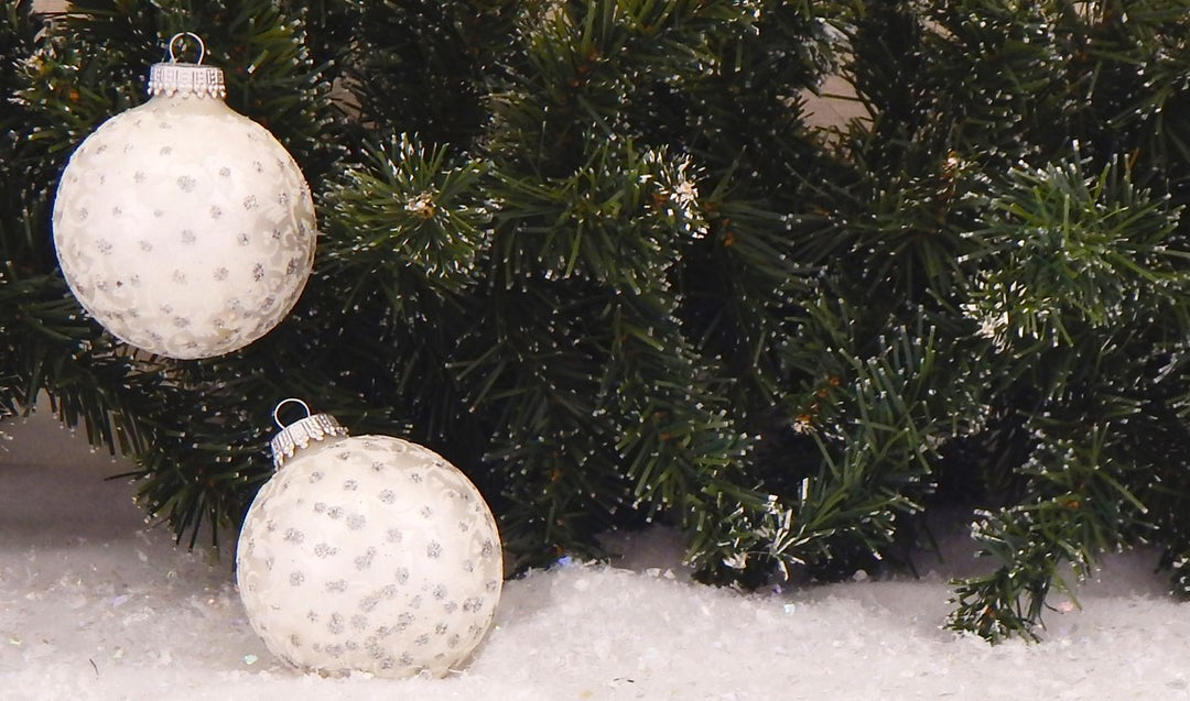 2 5/8" (67mm) Ball Ornaments Silver Pearl with White Lace and Silver Sparkles, 4/Box, 12/Case, 48 Pieces