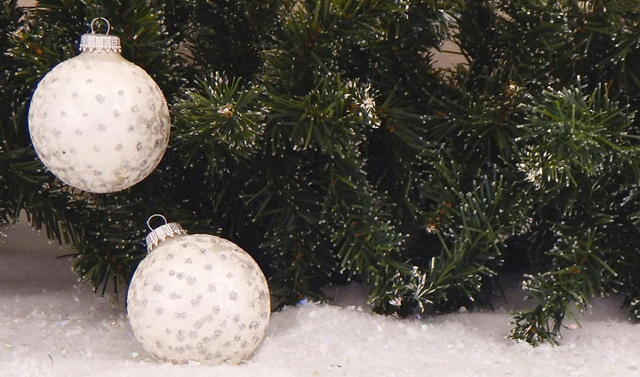 2 5/8" (67mm) Ball Ornaments Silver Pearl with White Lace and Silver Sparkles, 4/Box, 12/Case, 48 Pieces