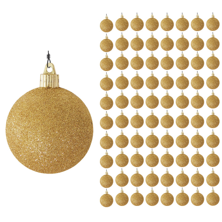 3 1/4" (80mm) Commercial Pre-Wired Shatterproof Ball Ornament, Gold Glitter, Case, 80 Pieces