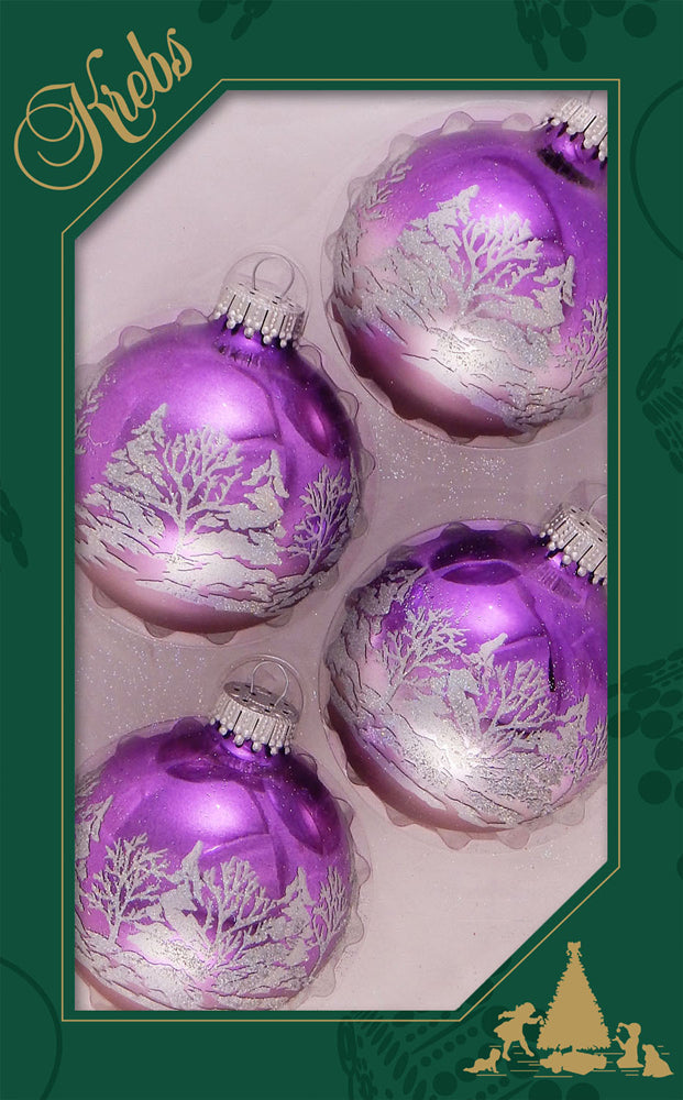 2 5/8" (67mm) Glass Ball Ornaments, Bi-Color Winter Lilac Shine / Smoke Gray Velvet - White Winter Forest Trees, 4/Box, 12/Case, 48 Pieces