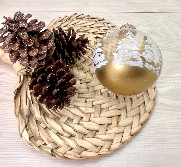 2 5/8" (67mm) Glass Ball Ornaments, Clear with Gold/White Festive Trees, 4/Box, 12/Case, 48 Pieces