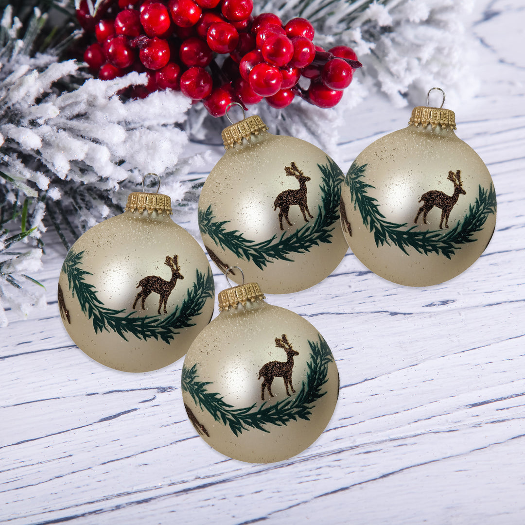 2 5/8" (67mm) Glass Ball Ornaments, Oyster Velvet - Brown Glitter Deer, Green Garland, 4/Box, 12/Case, 48 Pieces