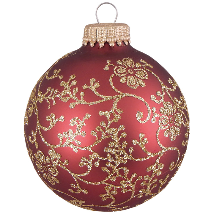 2 5/8" (67mm) Ball Ornaments, Floral Glitterlace, Red/Gold, 4/Box, 12/Case, 48 Pieces