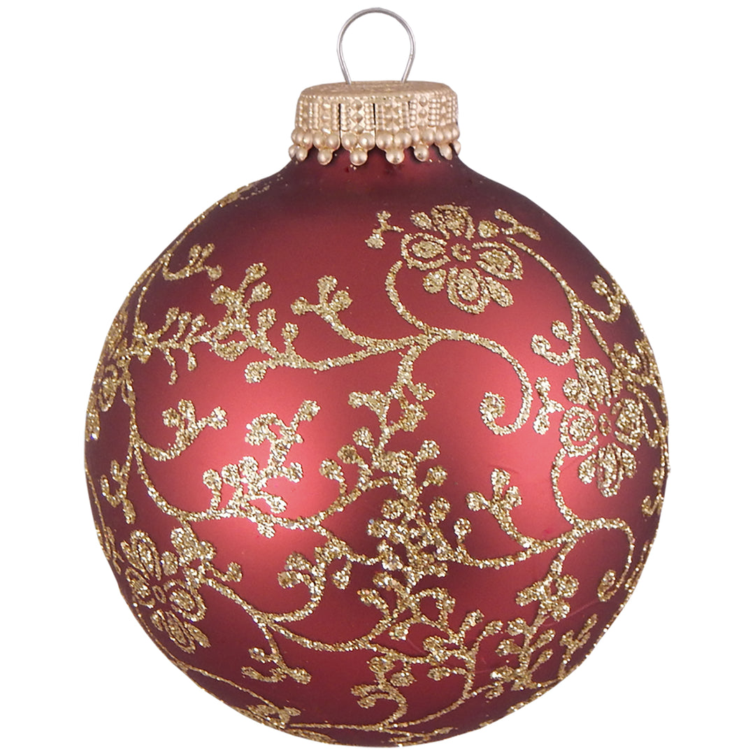 2 5/8" (67mm) Ball Ornaments, Floral Glitterlace, Red/Gold, 4/Box, 12/Case, 48 Pieces