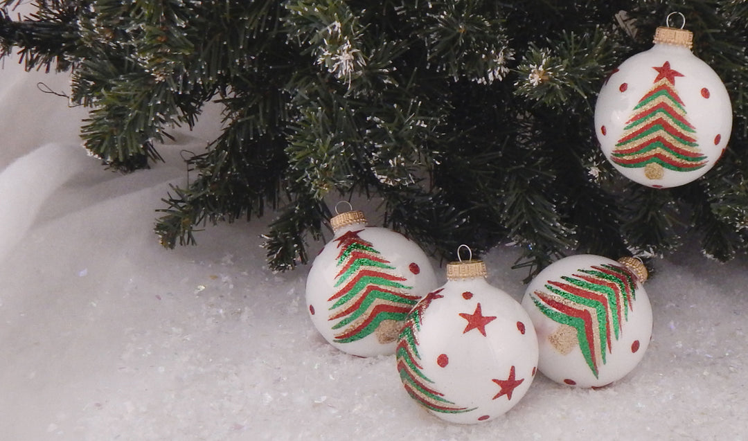 2 5/8" (67mm) Ball Ornaments Porcelain White with Christmas Tree, 4/Box, 12/Case, 48 Pieces