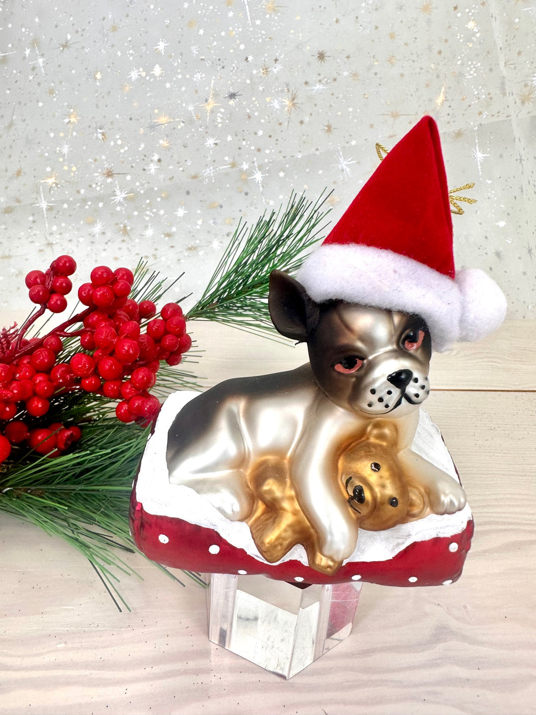 4" (100mm) Dog with Santa Hat and Teddy Bear Glass Figurine Ornaments, 1/Box, 6/Case, 6 Pieces