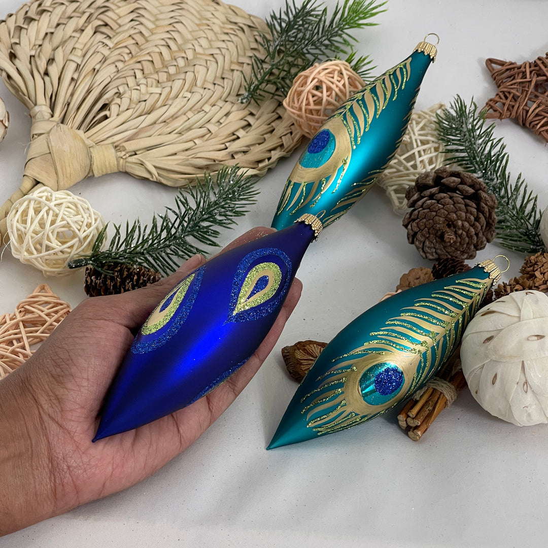 5.6" (15cm) Christmas Peacock Glass Finial, set of 3, Matte Blue, Figurine Ornaments, 3/Box, 8/Case, 24 Pieces