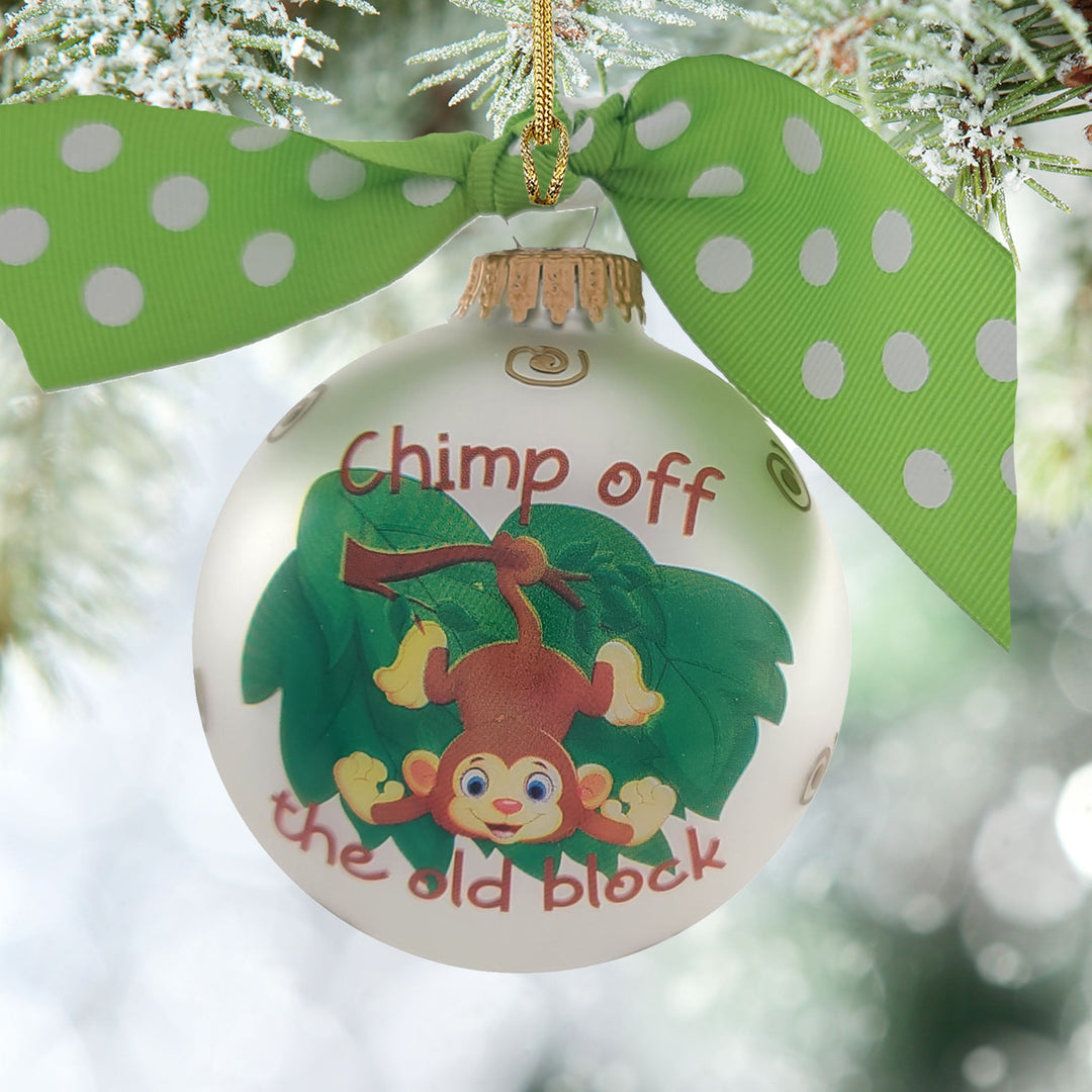 3 1/4" (80mm) Personalizable Hugs Specialty Gift Ornaments, Silver Pearl Glass Ball with Chimp off the old block