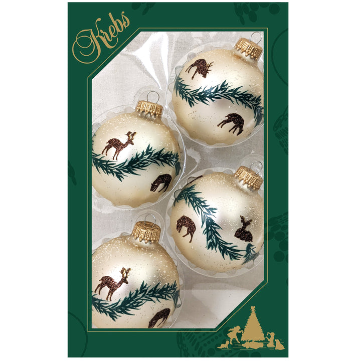 2 5/8" (67mm) Glass Ball Ornaments, Oyster Velvet - Brown Glitter Deer, Green Garland, 4/Box, 12/Case, 48 Pieces