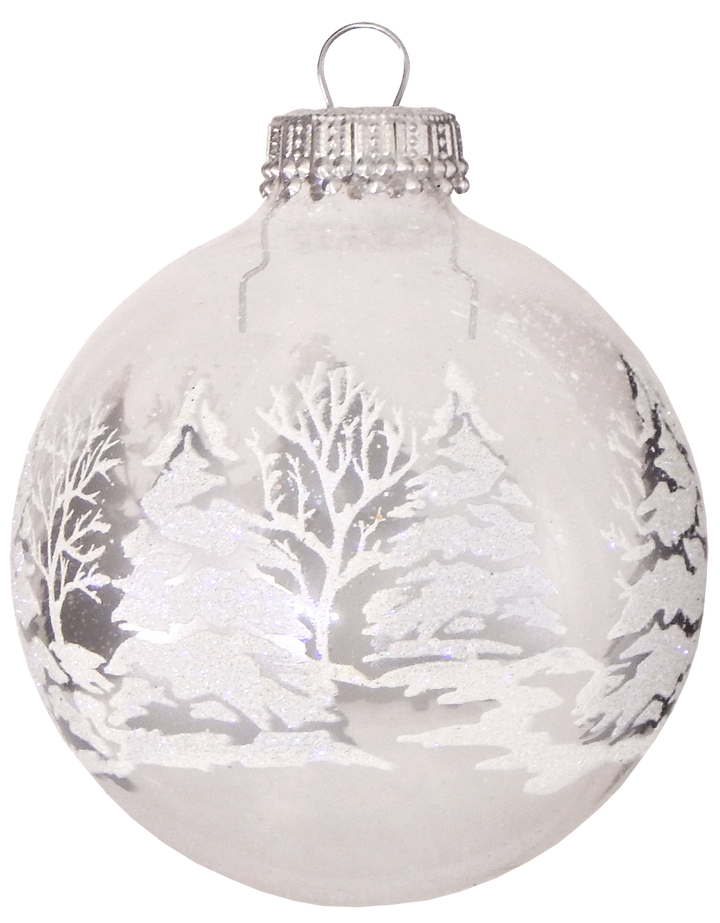 2 5/8" (67mm) Glass Ball Ornaments, Clear with White / Silver Festive Trees, 4/Box, 12/Case, 48 Pieces