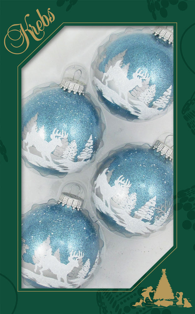 2 5/8" (67mm) Ball Ornaments, Deer Scene, Light Blue Sparkle, 4/Box, 12/Case, 48 Pieces