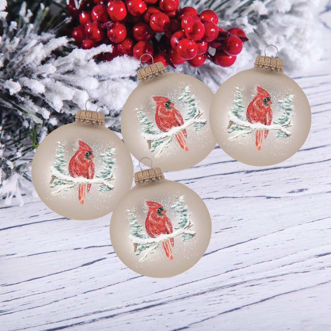 2 5/8" (67mm) Glass Ball Ornaments, Oyster Velvet - Watercolor Cardinal, 4/Box, 12/Case, 48 Pieces