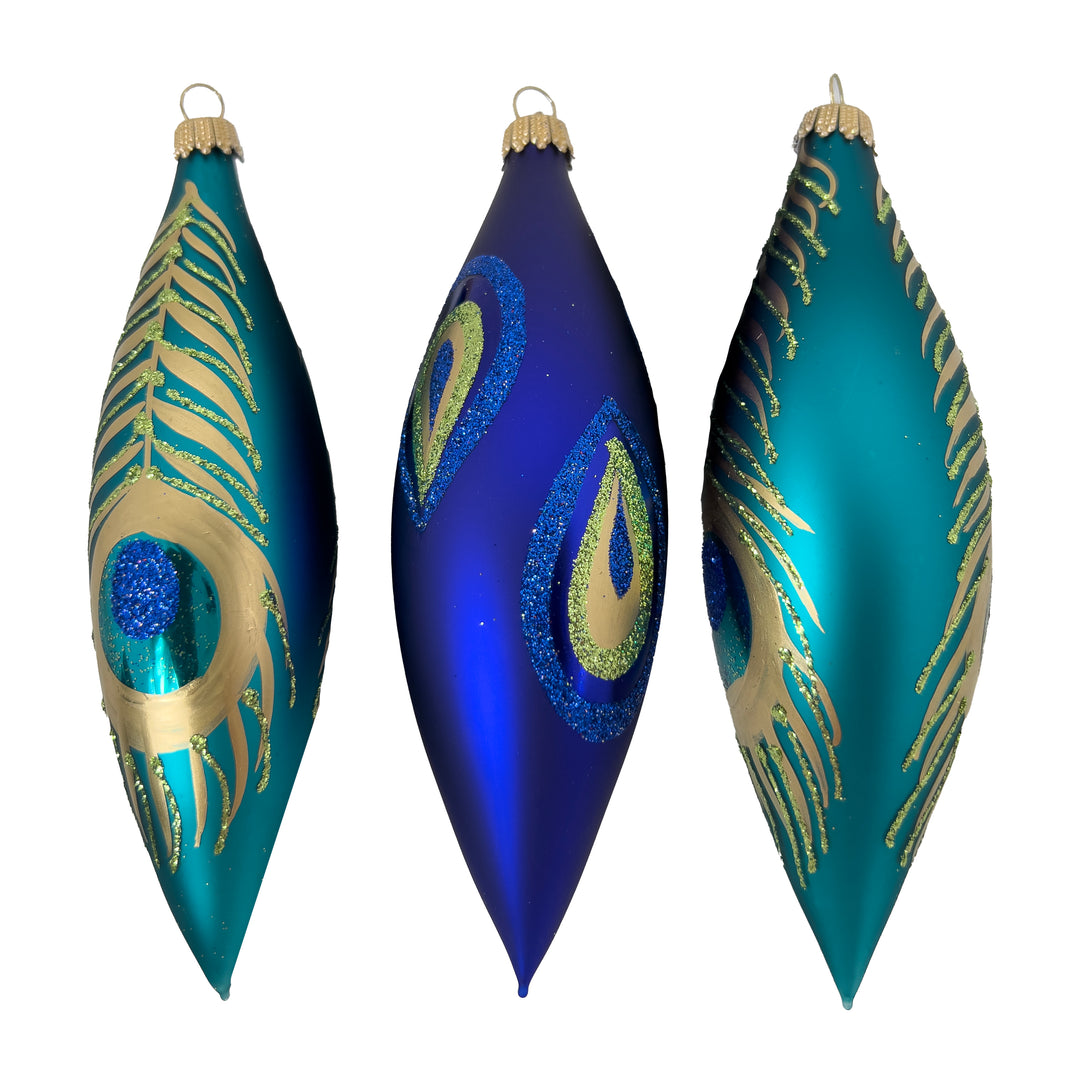 5.6" (15cm) Christmas Peacock Glass Finial, set of 3, Matte Blue, Figurine Ornaments, 3/Box, 8/Case, 24 Pieces