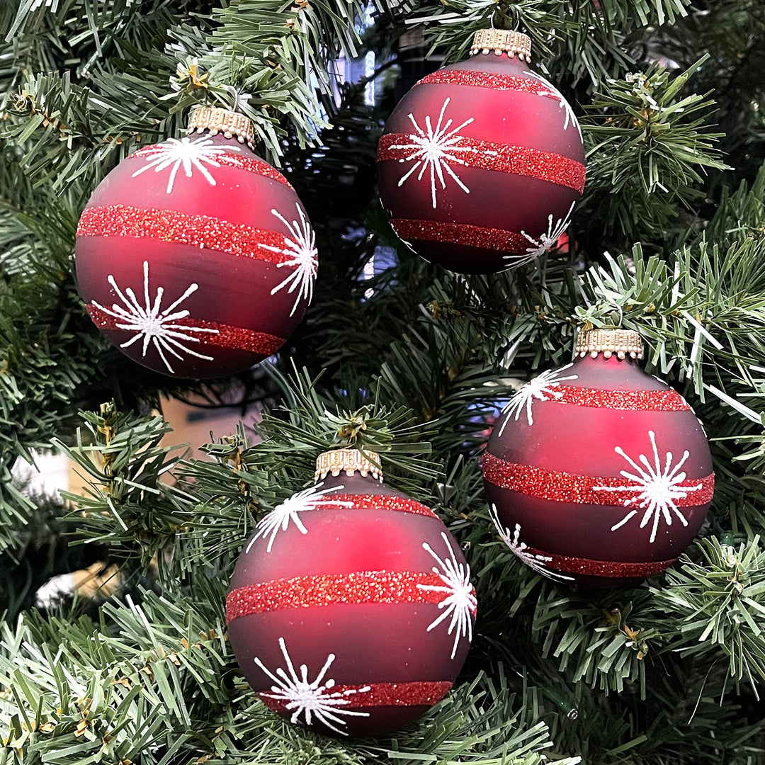 2 5/8" (67mm) Ball Ornaments Red Velvet with Starbursts and Stripes, 4/Box, 12/Case, 48 Pieces