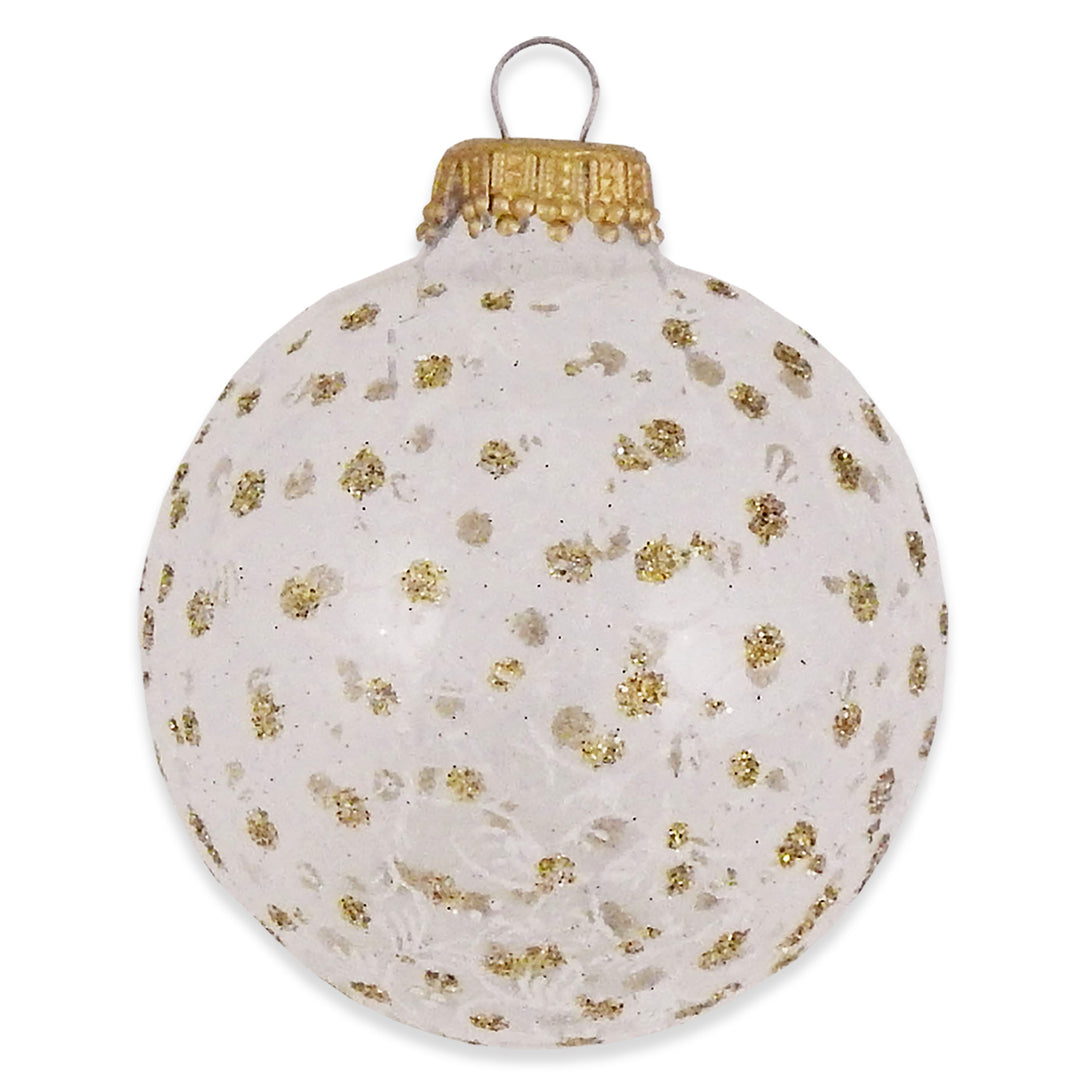 2 5/8" (67mm) Ball Ornaments Clear / Frost with White Lace and Gold Sparkles, 4/Box, 12/Case, 48 Pieces