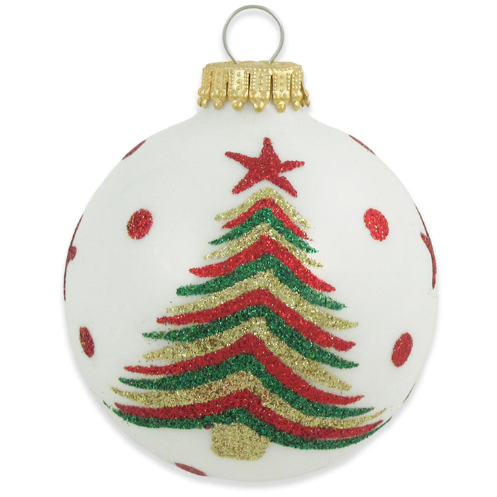 2 5/8" (67mm) Ball Ornaments Porcelain White with Christmas Tree, 4/Box, 12/Case, 48 Pieces