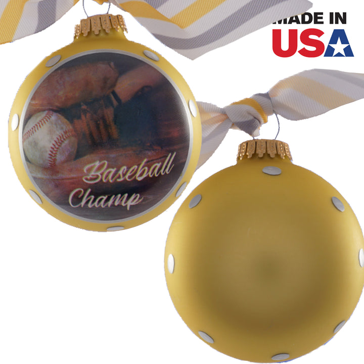 3 1/4" (80mm) Hugs - Gold Velvet 3 1/4" (80mm) Glass Ball Ornament with Baseball Champ. 12 Pieces per Case