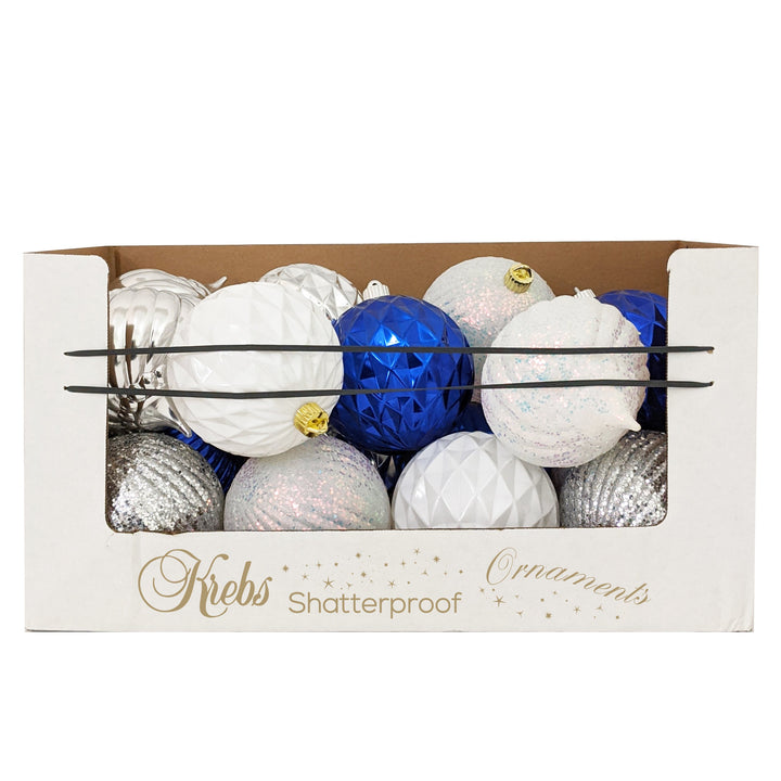 6" (150mm) Shatterproof Shapes Ornament Assortment, Silver/White/Blue, 1/Ea, 16/Case, 16 Pieces