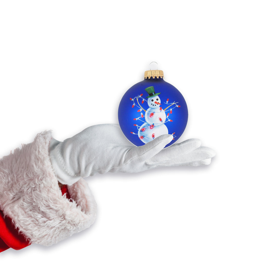 2 5/8" (67mm) Glass Ball Ornaments, Victoria Blue / Royal Velvet with Snowman Tangled in Lights, 4/Box, 12/Case, 48 Pieces