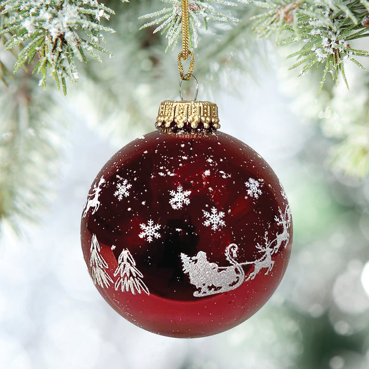 2 5/8" (67mm) Glass Ball Ornaments, Christmas Red with White Glitter Christmas Eve & Sugar Glitter Spritz, 4/Box, 12/Case, 48 Pieces