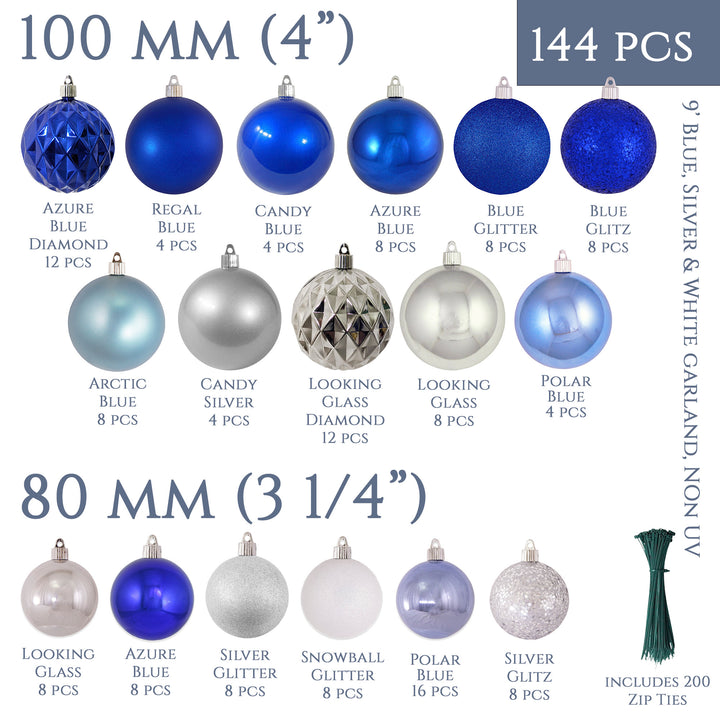 Christmas by Krebs Shatterproof Interior 9 Ft. Garland Decorating Kit - ORNAMENTS ONLY (Blue, Silver & White)