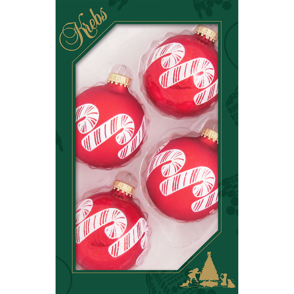 2 5/8" (67mm) Glass Ball Ornaments, Candy Apple Red / Flame Red with Standing Candy Canes, 4/Box, 12/Case, 48 Pieces