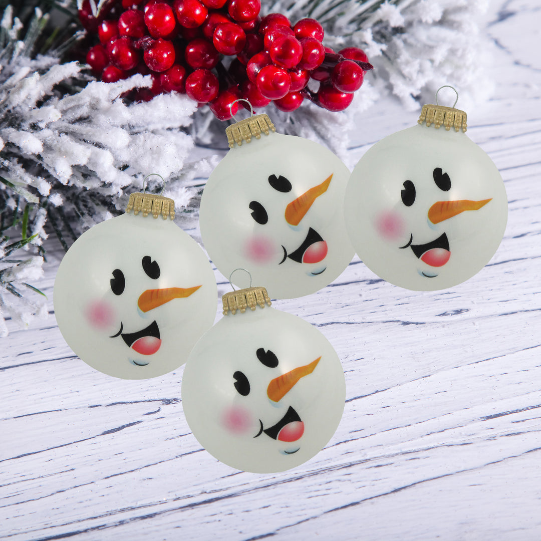 2 5/8" (67mm) Glass Ball Ornaments, Porcelain White with Snowman Face, 4/Box, 12/Case, 48 Pieces