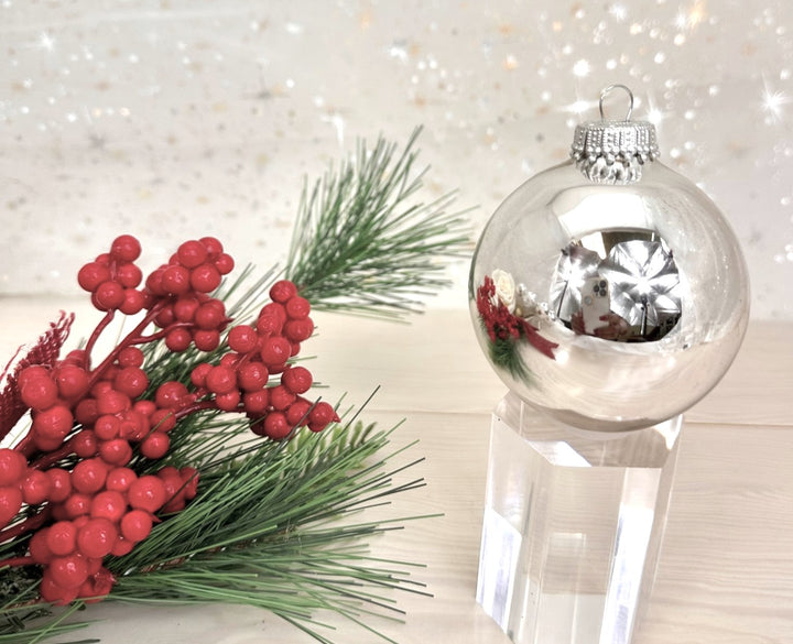 2" (50mm) Ball Ornaments, Silver Caps, Bright Silver, 12/Box, 12/Case, 144 Pieces