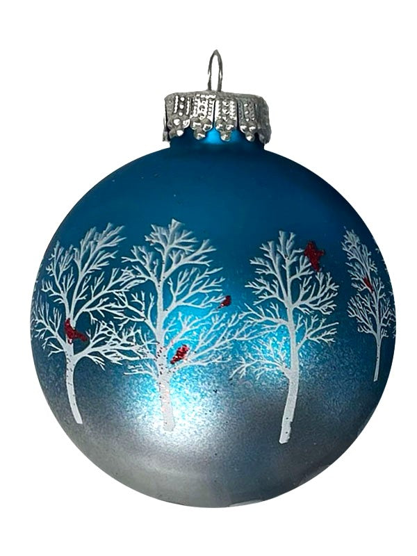 2 5/8" (67mm) Glass Ball Ornaments, Turquoise Bliss with Trees & Cardinals, 4/Box, 12/Case, 48 Pieces