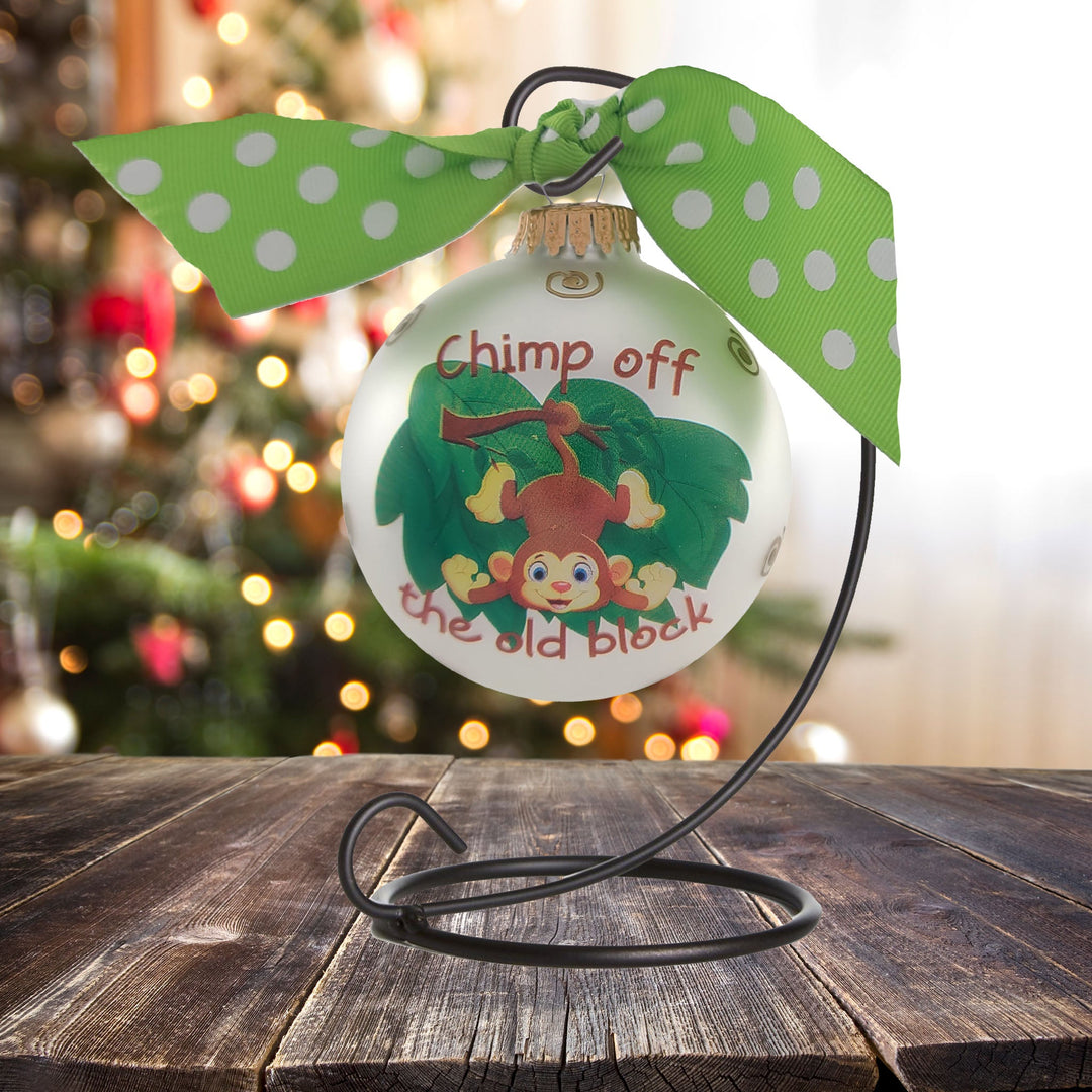 3 1/4" (80mm) Personalizable Hugs Specialty Gift Ornaments, Silver Pearl Glass Ball with Chimp off the old block