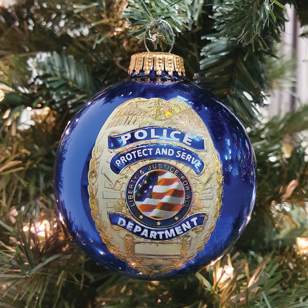 3 1/4" (80mm) Victoria Blue Glass Ball Ornaments, First Responder Police Logo, 1/Box, 12/Case, 12 Pieces