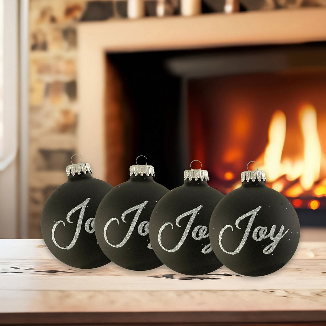 2 5/8" (67mm) Glass Ball Ornaments, Ebony Velvet - Silver Glitter Joy Text, 4/Box, 12/Case, 48 Pieces